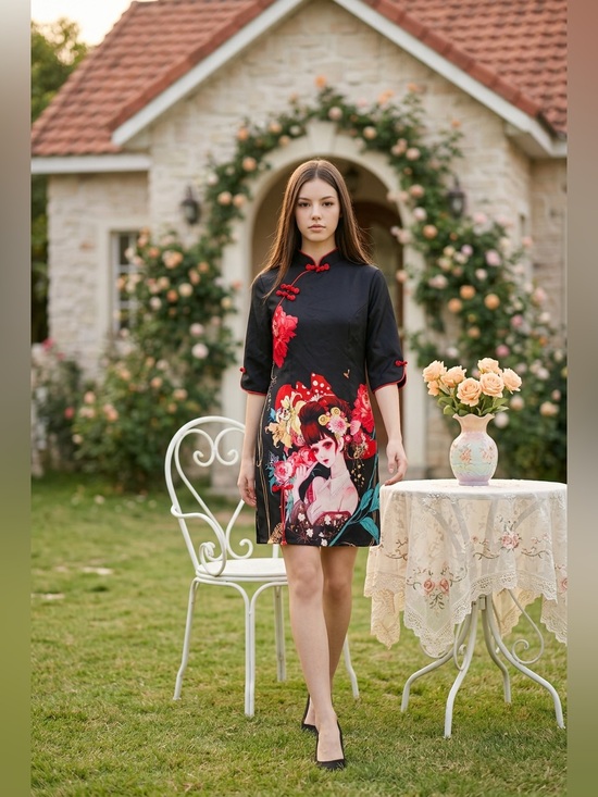 Dresses & Skirts - Black Mini Dress with Red Floral Graphic